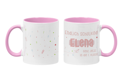 Keramik Tasse mit Namen | Endlich Schulkind Rosa