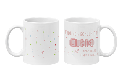 Keramik Tasse mit Namen | Endlich Schulkind Rosa