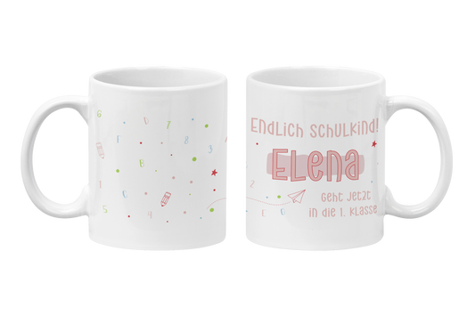 Keramik Tasse mit Namen | Endlich Schulkind Rosa