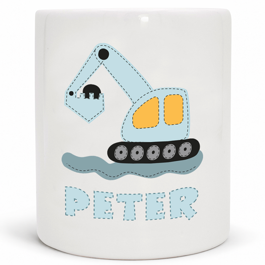 Keramik Spardose mit Name | Bagger blau
