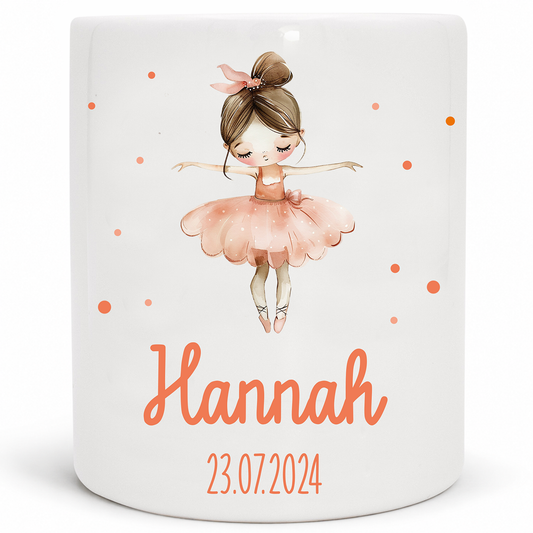 Keramik Spardose mit Name + Datum | Ballerina rosa apricot