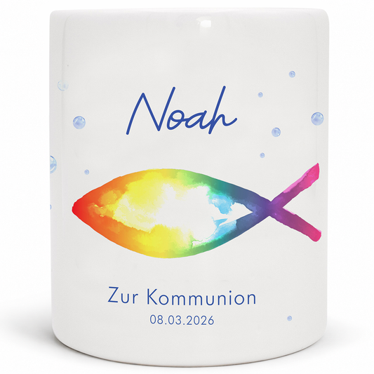 Keramik Spardose mit Name, Datum + Anlass | Fisch