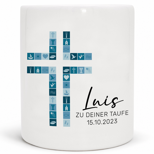 Keramik Spardose mit Name, Datum + Anlass | Kreuz blau