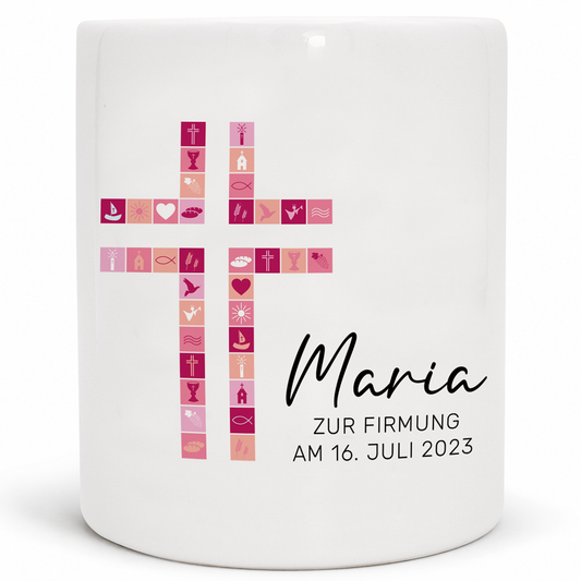 Keramik Spardose mit Name, Datum + Anlass | Kreuz rosa
