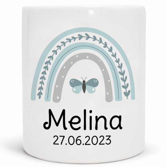 Keramik Spardose mit Name + Datum | Regenbogen mint