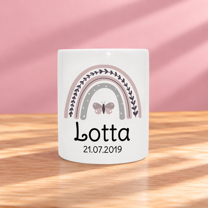 Keramik Spardose mit Name + Datum | Regenbogen rosa