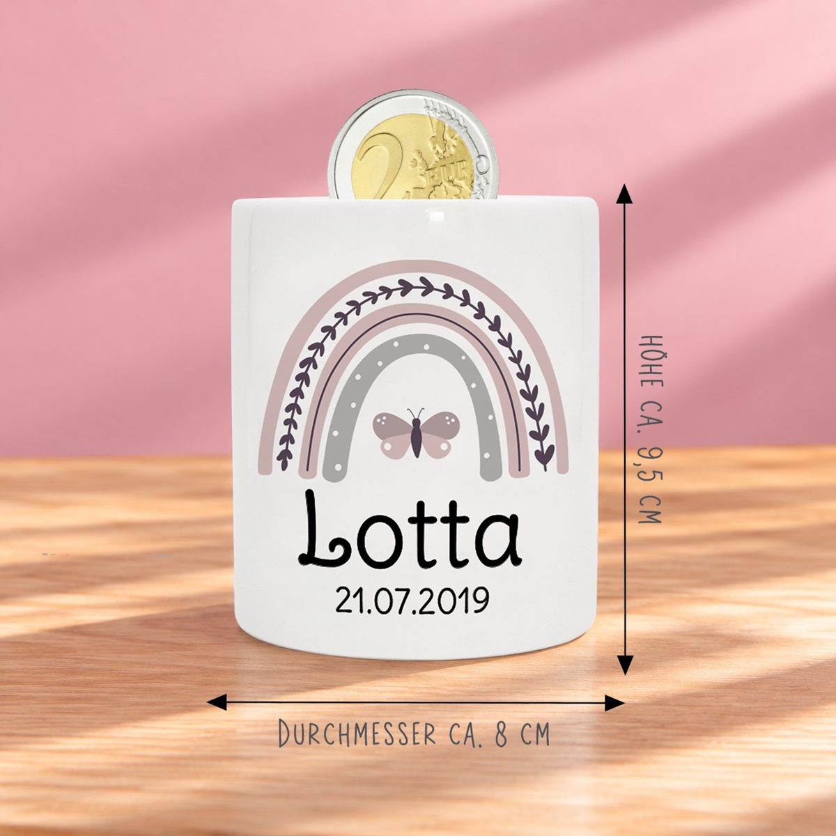 Keramik Spardose mit Name + Datum | Regenbogen rosa