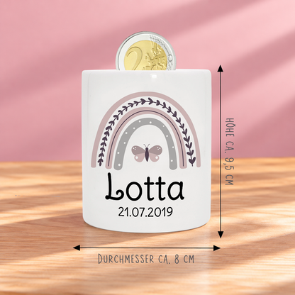 Keramik Spardose mit Name + Datum | Regenbogen rosa