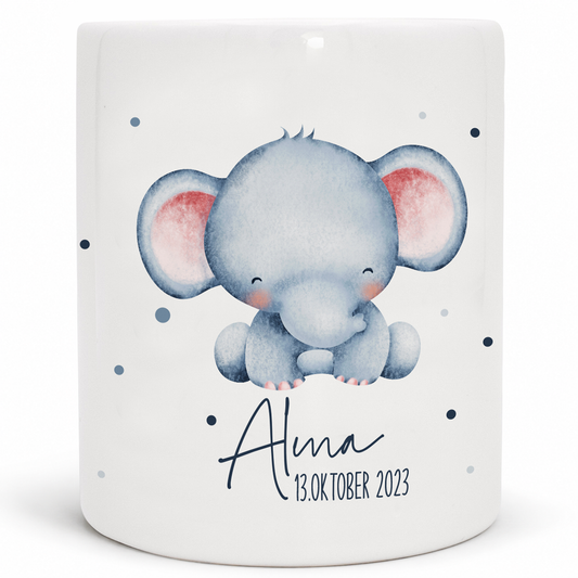 Keramik Spardose mit Name + Datum | Tierkinder - Elefant