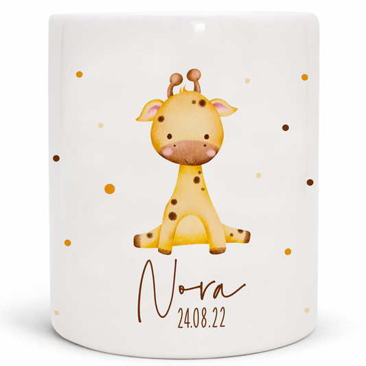 Keramik Spardose mit Name + Datum | Tierkinder - Giraffe