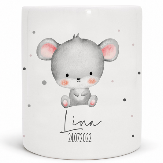 Keramik Spardose mit Name + Datum | Tierkinder - Maus