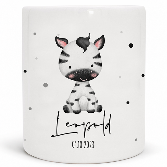 Keramik Spardose mit Name + Datum | Tierkinder - Zebra