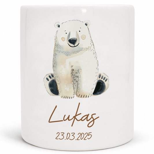 Keramik Spardose mit Name + Datum | Tierparty - Eisbär