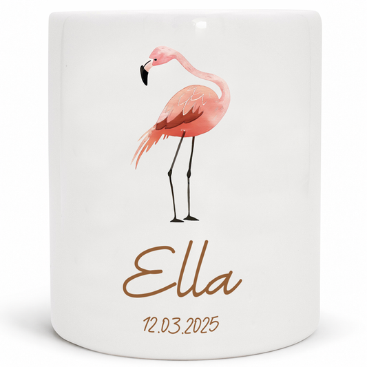 Keramik Spardose mit Name + Datum | Tierparty - Flamingo