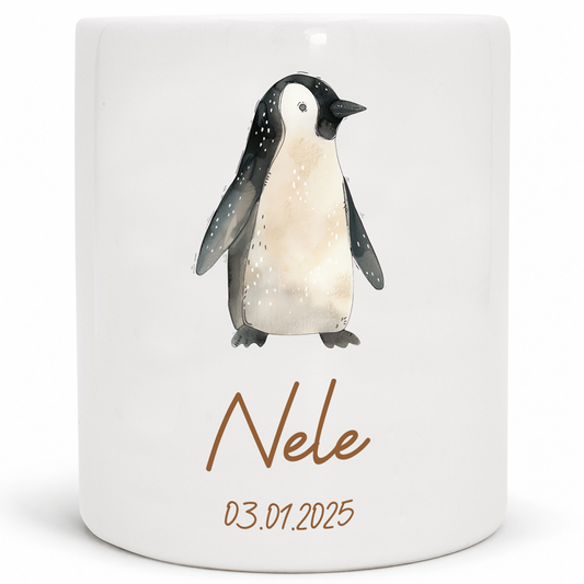 Keramik Spardose mit Name + Datum | Tierparty - Pinguin