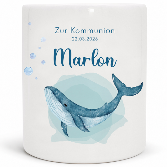 Keramik Spardose mit Name, Datum + Anlass | Wal groß