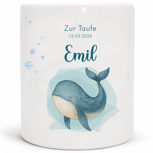 Keramik Spardose mit Name, Datum + Anlass | Wal klein