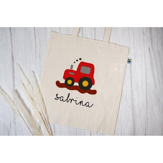 Stofftasche mit eigenen Name oder Wunschname - Motiv: Traktor Rot - verschenkich.de