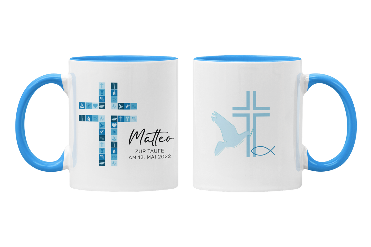 Personalisierte Tasse zur Taufe in Blau mit Kreuz, Taube und Datum, Geschenkidee für Jungen