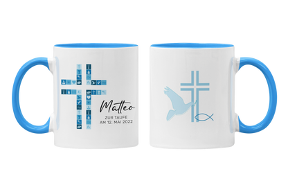 Keramik Tasse mit Namen, Datum + Anlass | Kreuz Blau