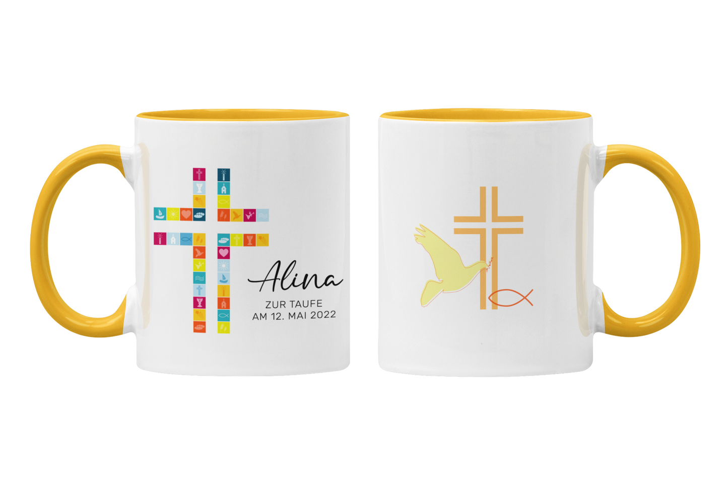 Keramik Tasse mit Namen, Datum + Anlass | Kreuz Bunt