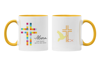 Keramik Tasse mit Namen, Datum + Anlass | Kreuz Bunt