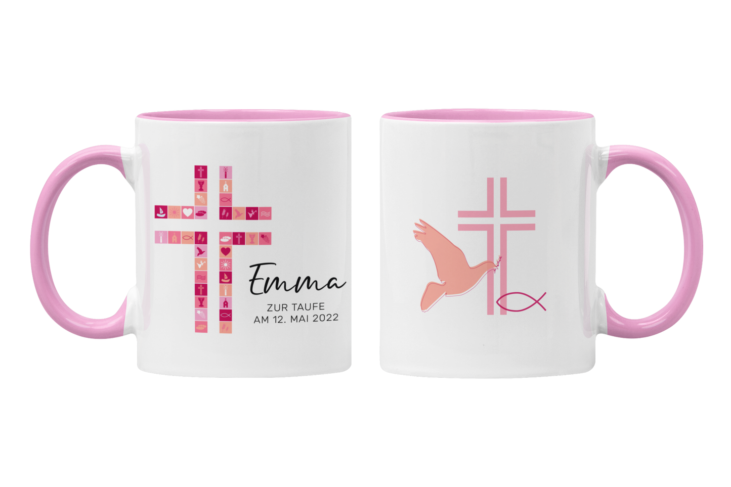 Keramik Tasse mit Namen, Datum + Anlass | Kreuz Rosa
