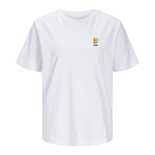Weißes Unisex T-Shirt mit dem „Bierliebe“-Motiv, freigestellt auf weißem Hintergrund. Das Shirt besteht aus 100 % Bio-Baumwolle.