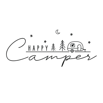 Detailansicht Happy Camper - Motiv auf weißem T-Shirt - Mond, Sterne, Wohnwagen mit Herz im Fenster, Happy in klarer Schrift, Camper in Schreibschrift