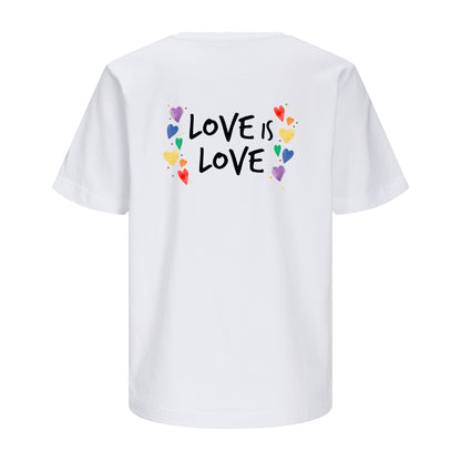 Weißes T-Shirt Love is Love freigestellt auf weißem Hintergrund – Rückenansicht