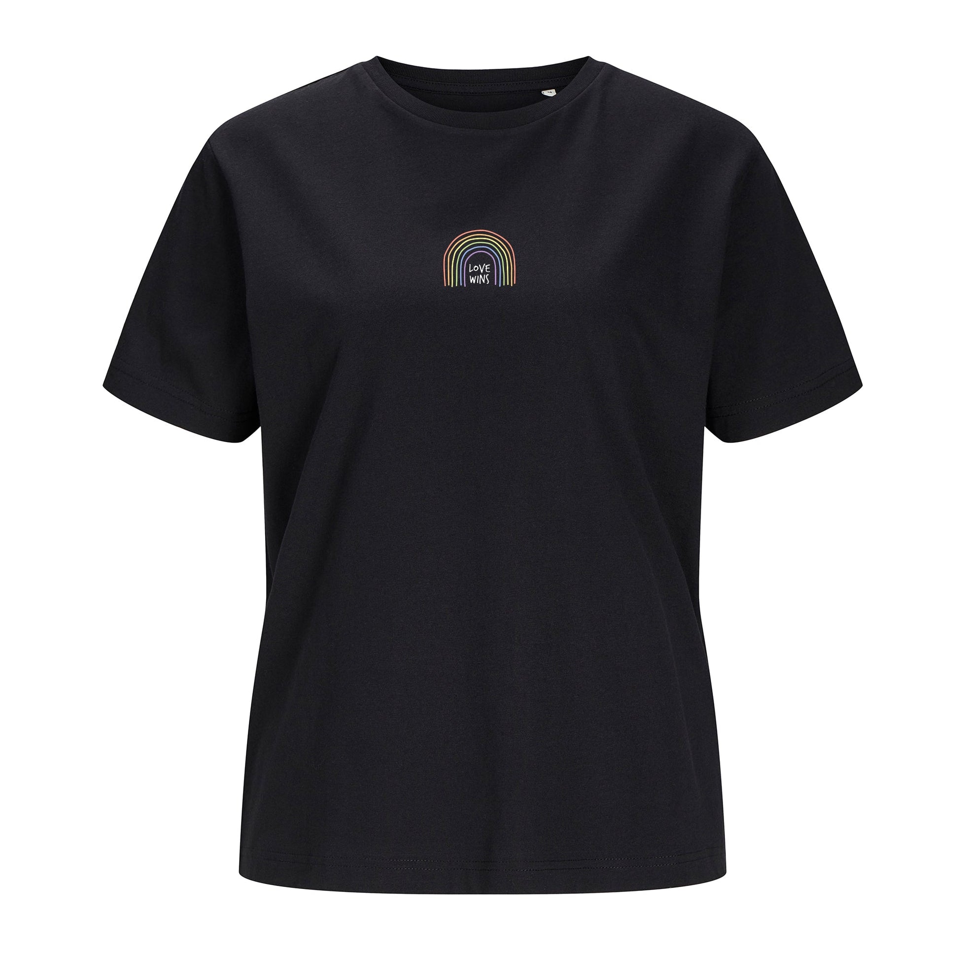 Weißes T-Shirt Love wins freigestellt auf weißem Hintergrund – Vorderansicht