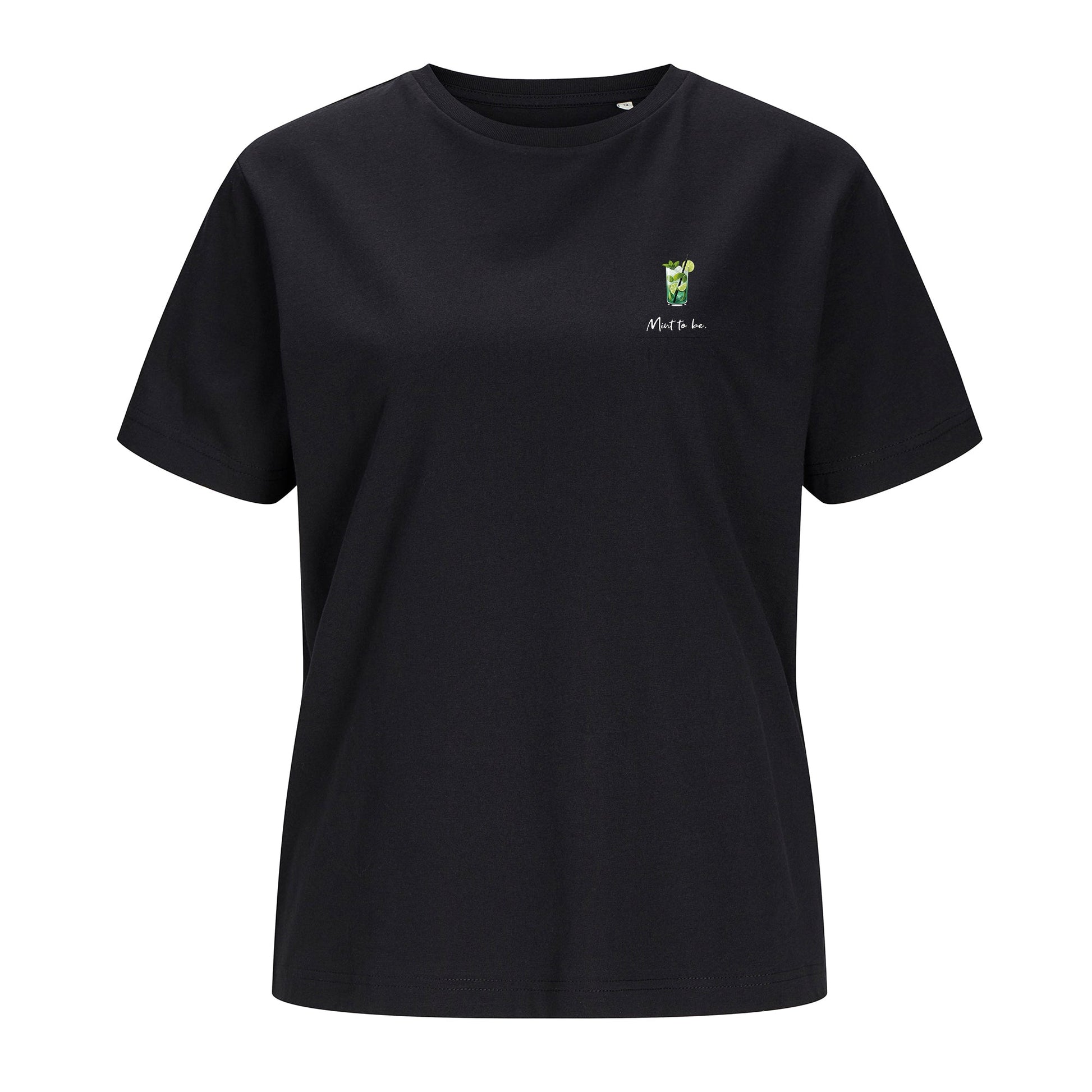 Weißes Unisex T-Shirt mit dem „Mint to be“-Motiv, freigestellt auf weißem Hintergrund. Das Shirt besteht aus 100 % Bio-Baumwolle.