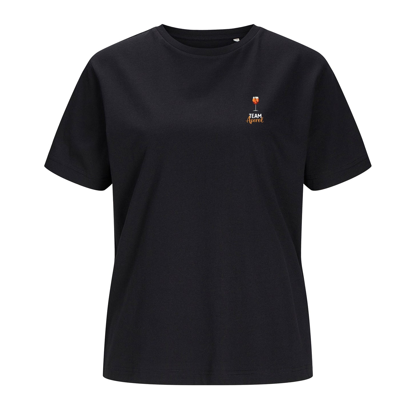 Weißes T-Shirt Team Aperol freigestellt auf weißem Hintergrund – Vorderansicht