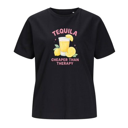 Schwarzes T-Shirt Tequila freigestellt auf weißem Hintergrund – Vorderansicht