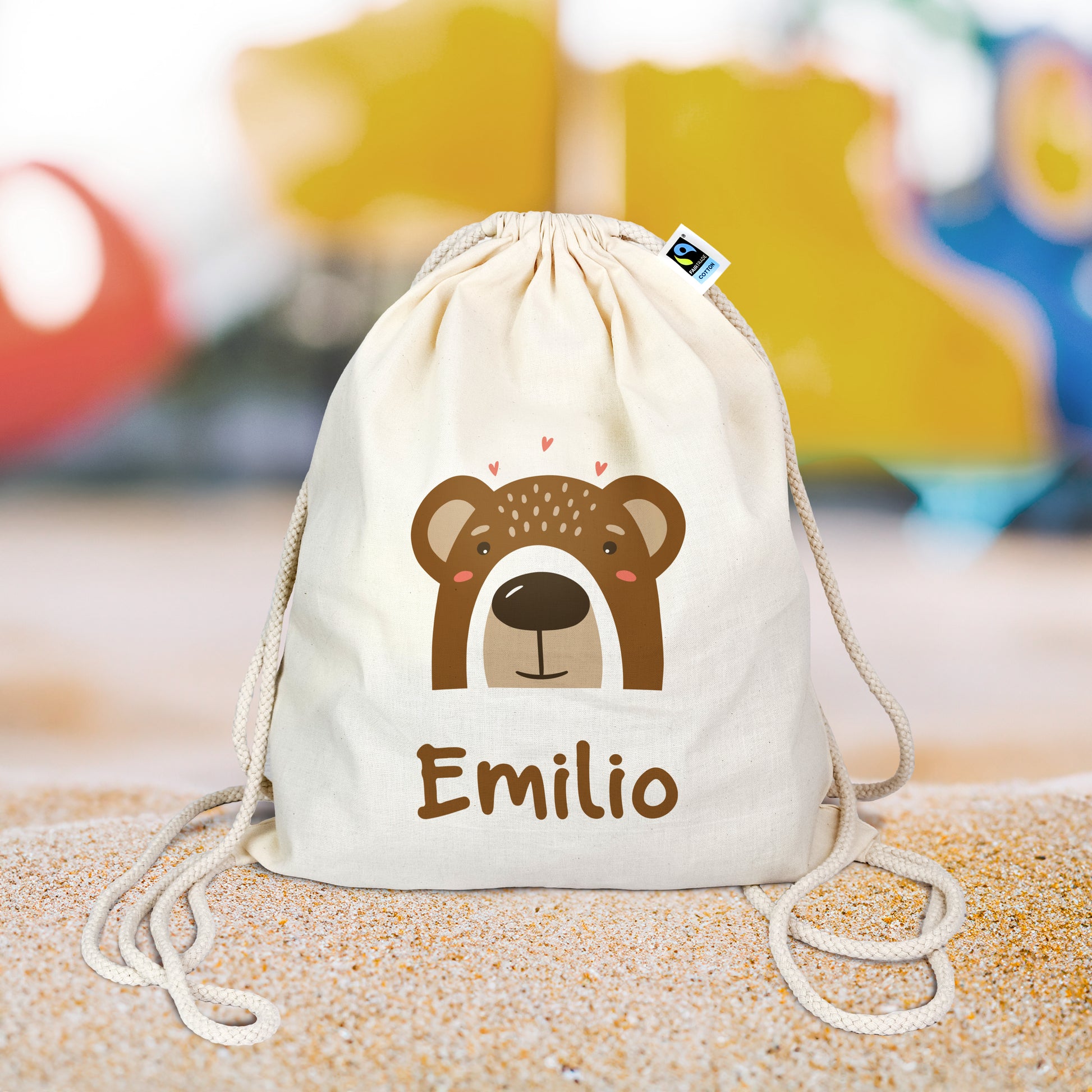 Turnbeutel aus Bio-Baumwolle | Bär mit Name - verschenkich.de