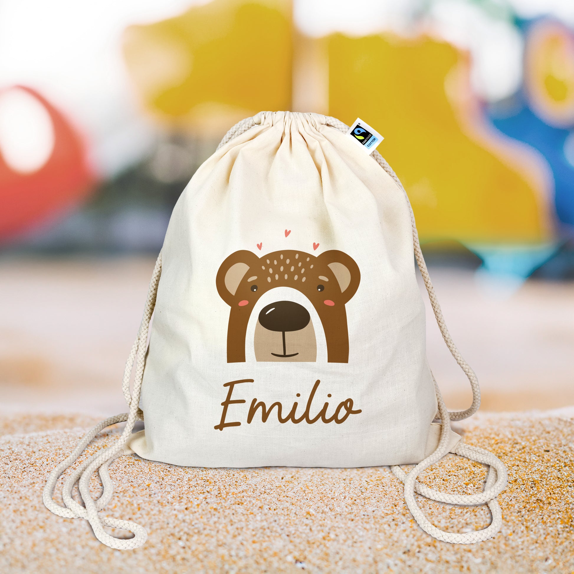 Turnbeutel aus Bio-Baumwolle | Bär mit Name - verschenkich.de