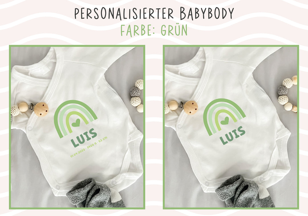 Personalisierter Premium Wickelbody | Regenbogen Grün | Langarm Body | Bio-Baumwolle | Geschenk zur Geburt mit Wunschnamen und Geburtsdaten