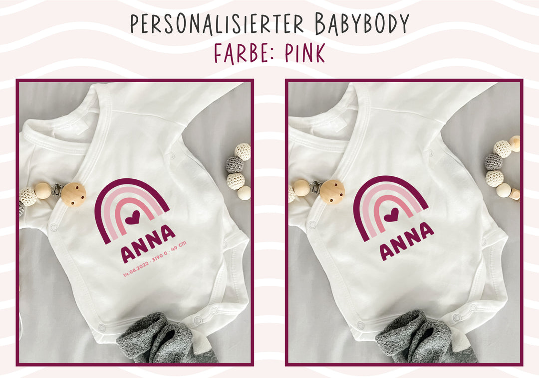 Personalisierter Premium Wickelbody | Regenbogen Pink | Langarm Body | Bio-Baumwolle | Geschenk zur Geburt mit Wunschnamen und Geburtsdaten
