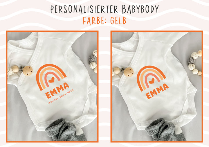 Personalisierter Premium Wickelbody | Regenbogen Gelb | Langarm Body | Bio-Baumwolle | Geschenk zur Geburt mit Wunschnamen und Geburtsdaten